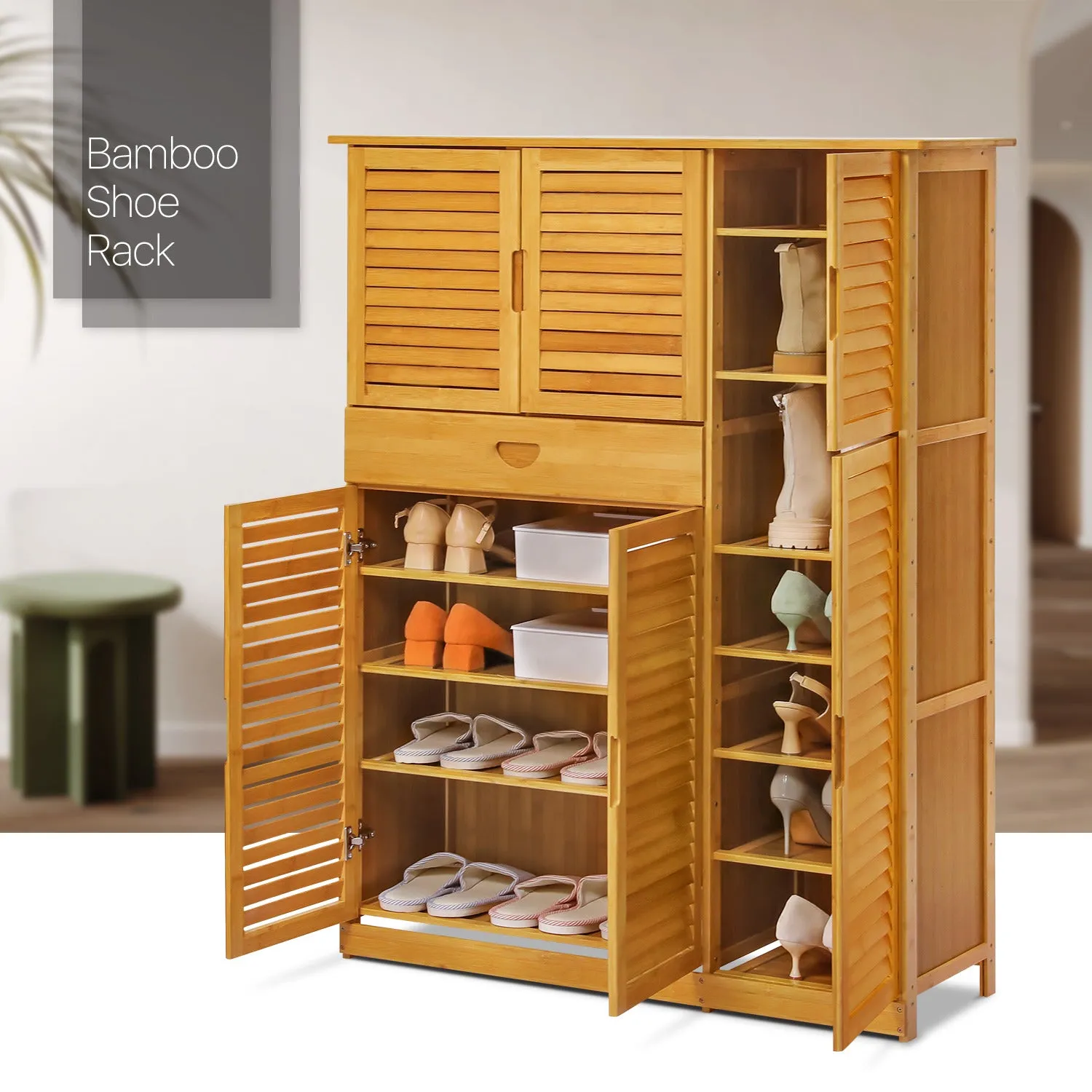 Louver Panel Shoe Cabinet - 40" - 8 Tier - with Drawer